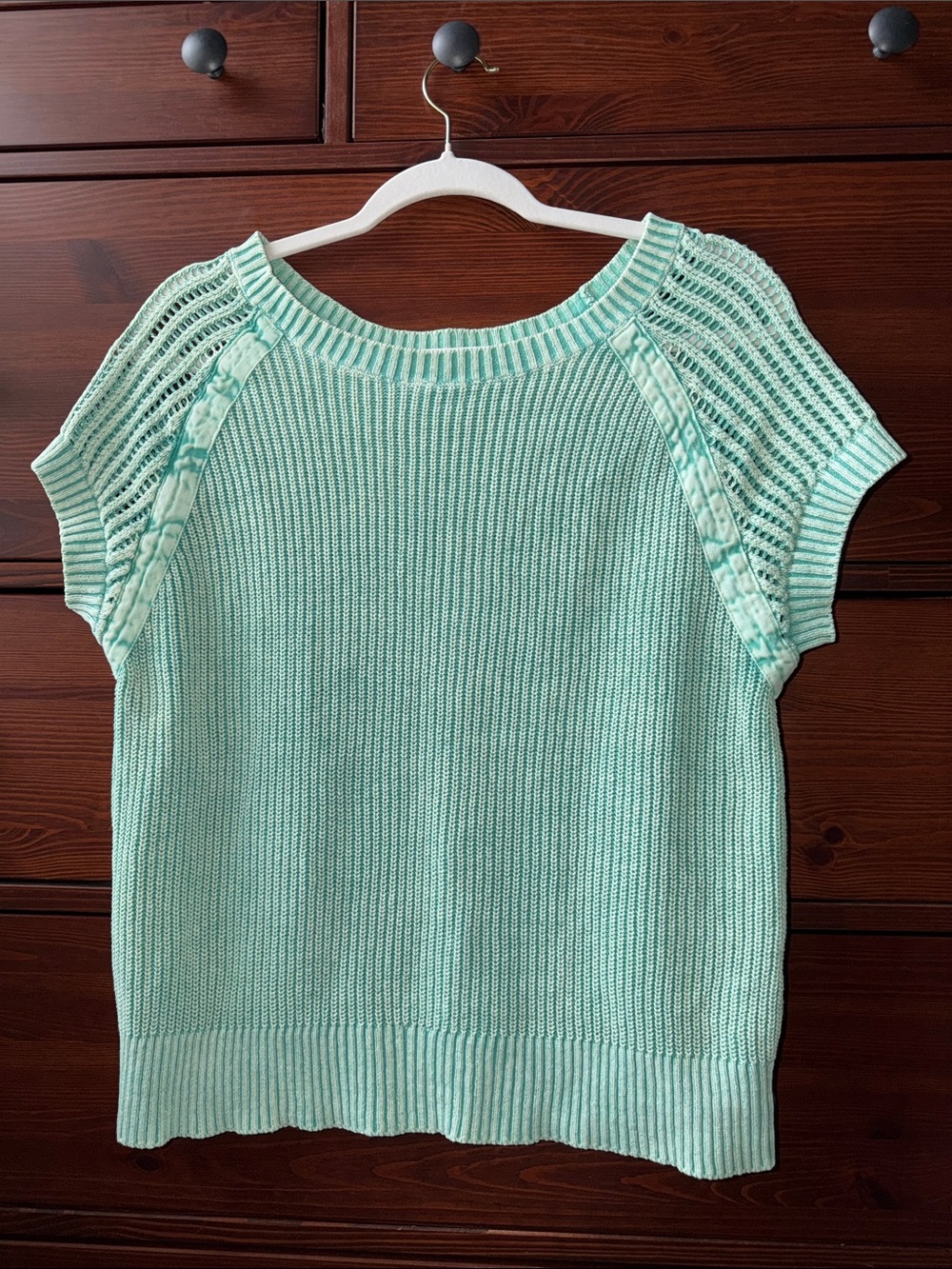 VINTAGE PBJ Blues Openwork Knit Short Sleeve Blouse in Seafoam Green